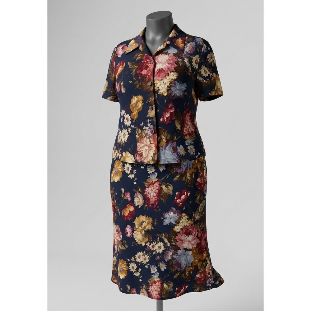 Miss Dorby Navy Multicolor Floral Collared Short Sleeve Lined Dress Vintage Sz 8